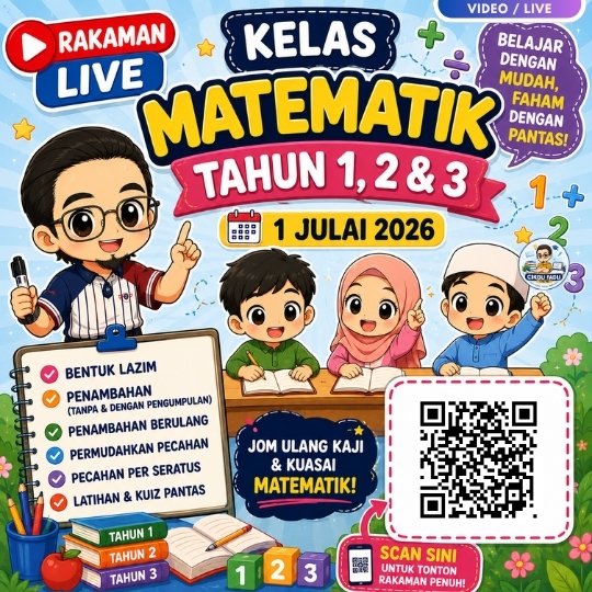 Poster chibi rakaman kelas Matematik Tahun 1, Tahun 2 dan Tahun 3 bersama Cikgu Mohd Fadli Salleh dengan ruang kod QR