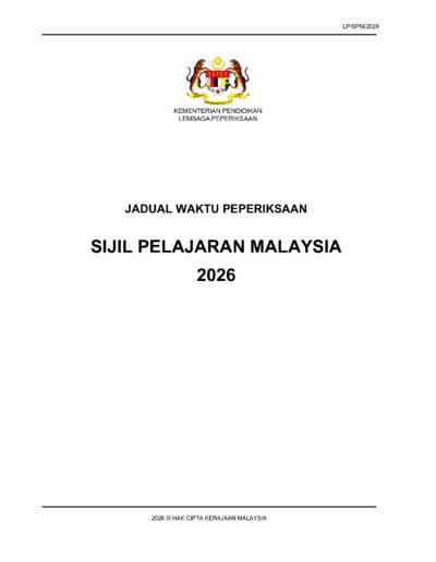 Muka hadapan Jadual SPM 2026 bagi peperiksaan Sijil Pelajaran Malaysia Tahun 2026.