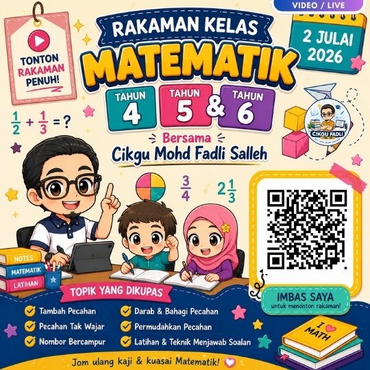 Poster chibi rakaman kelas Matematik Tahun 4, Tahun 5 dan Tahun 6 bersama Cikgu Mohd Fadli Salleh dengan ruang kod QR untuk tontonan video penuh.