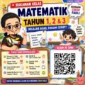 Poster chibi comel untuk rakaman kelas Matematik Tahun 1, 2 dan 3 bersama Cikgu Fadli, menampilkan topik tambah, tolak, darab, sifir 9 dan bahagi serta ruang kosong untuk kod QR.